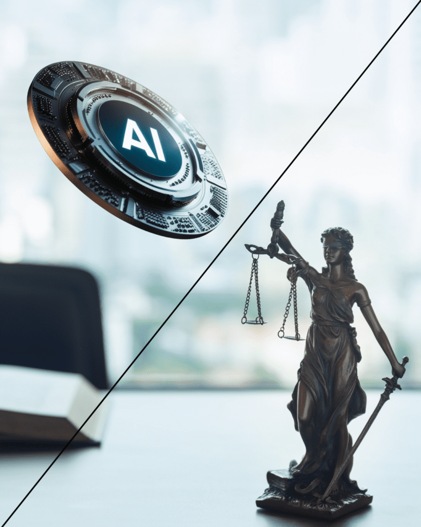 Ai coin versus lady justice on a desk